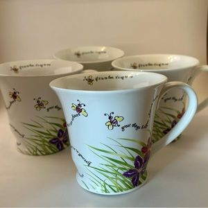 SOLD - NOT FOR SALE - Set of 4 Mary Kay white coffee mugs & bees / Words. 10 oz.